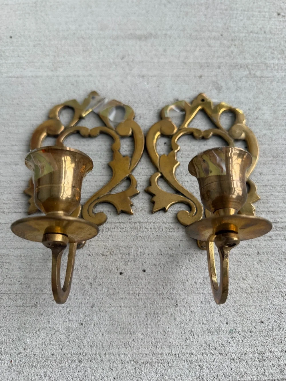 Vintage Brass Wall Candle Holders Pair Ornate Sconces 8.5” Hollywood Regency